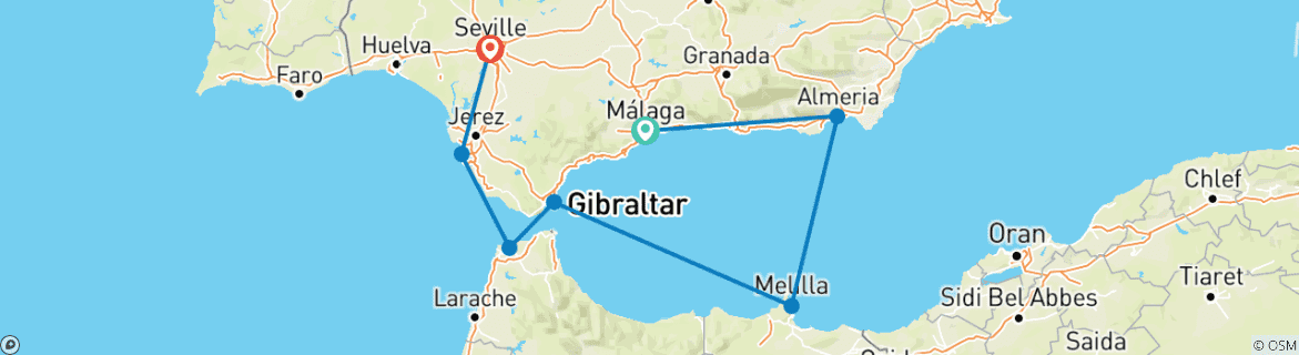 Image of a map showing the route of the tour