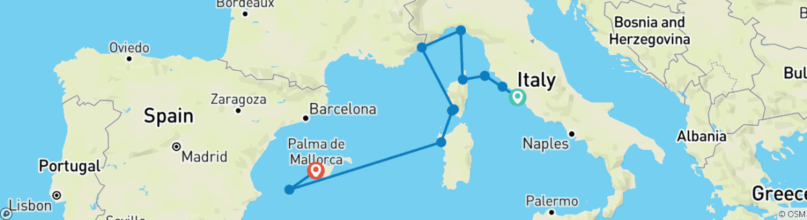 Image of a map showing the route of the tour