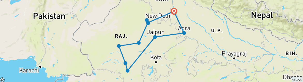 Image of a map showing the route of the tour