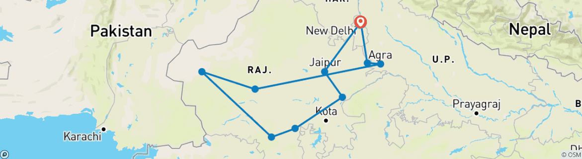 Image of a map showing the route of the tour