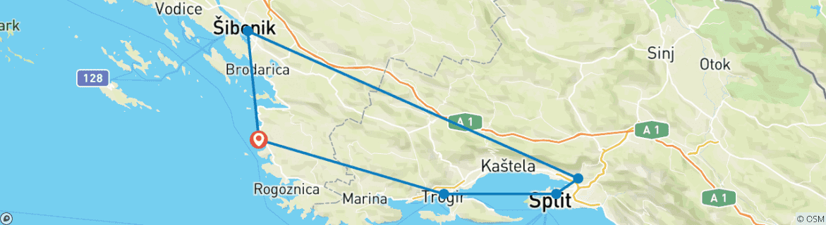 Image of a map showing the route of the tour