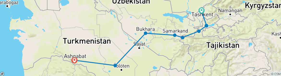 Image of a map showing the route of the tour