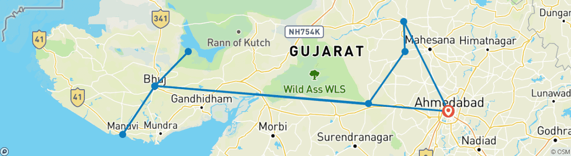 Image of a map showing the route of the tour
