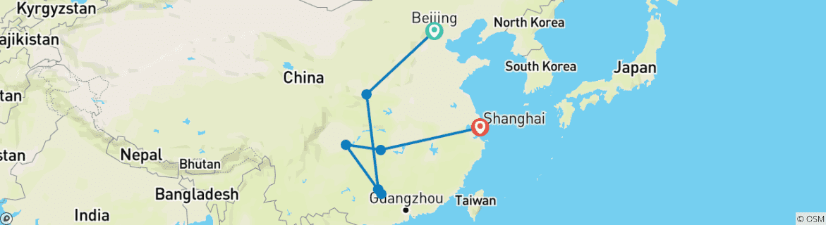 Image of a map showing the route of the tour