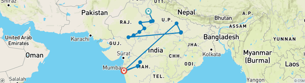 Image of a map showing the route of the tour