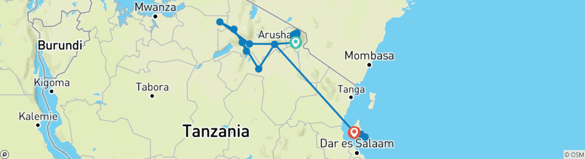 Image of a map showing the route of the tour