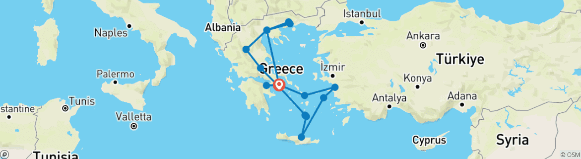 Image of a map showing the route of the tour