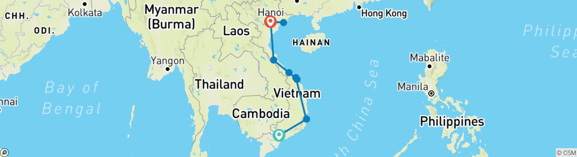 Image of a map showing the route of the tour