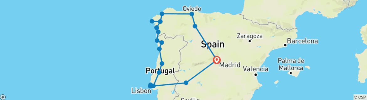 Image of a map showing the route of the tour