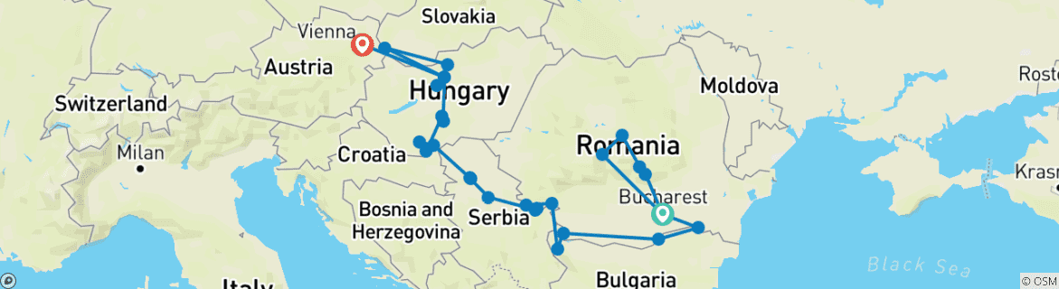 Image of a map showing the route of the tour