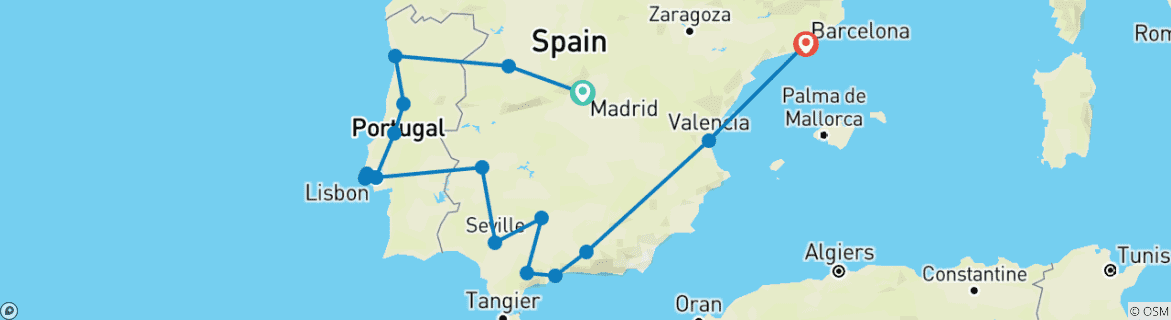 Image of a map showing the route of the tour