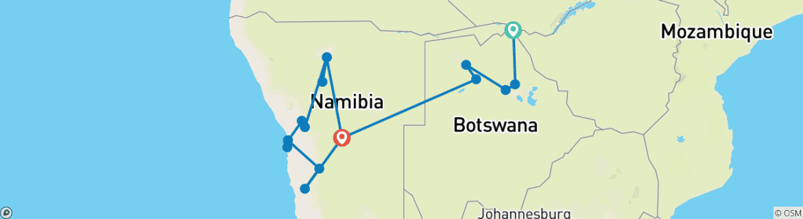 Image of a map showing the route of the tour