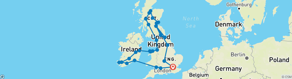 Image of a map showing the route of the tour