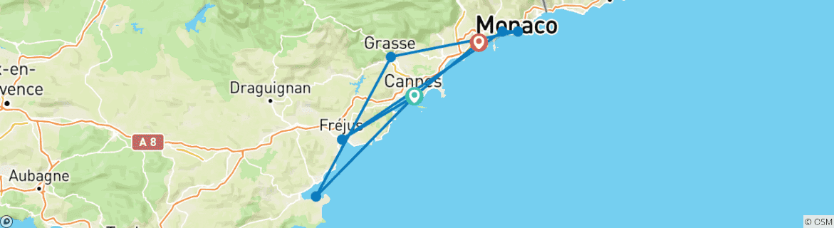 Image of a map showing the route of the tour