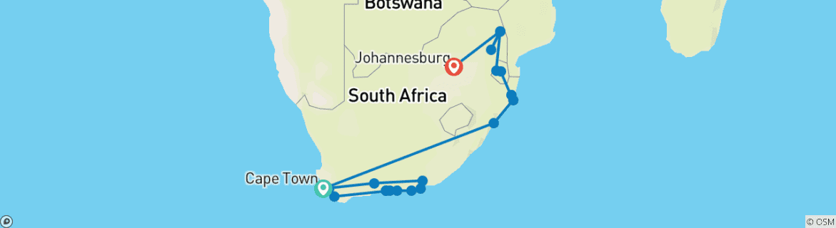Carte du circuit Safari du Cap au parc Kruger : de 35 à 45 (35 à 45)