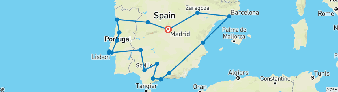 Image of a map showing the route of the tour