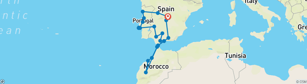 Carte du circuit 20 jours Madrid, Portugal, Andalousie et Maroc