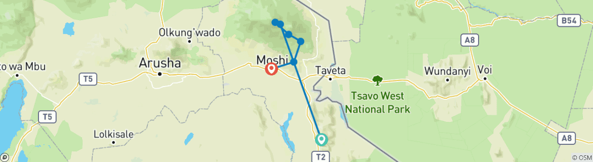 Image of a map showing the route of the tour