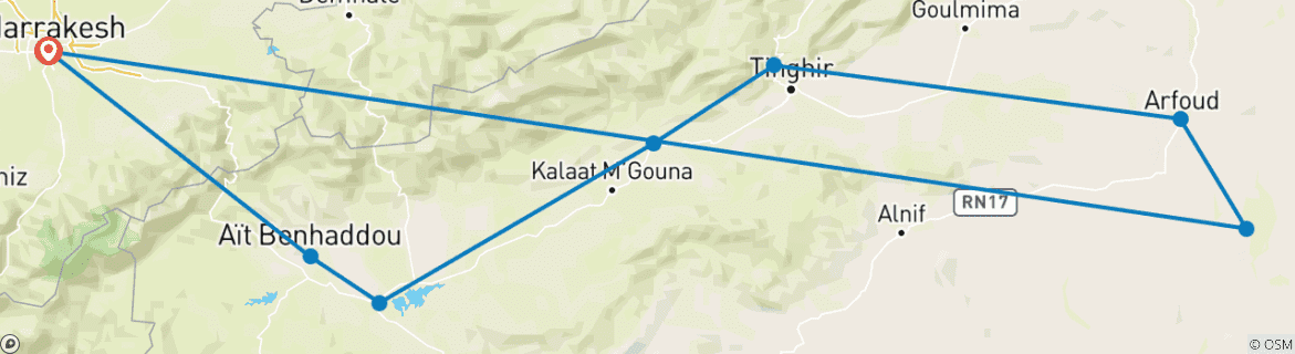 Image of a map showing the route of the tour