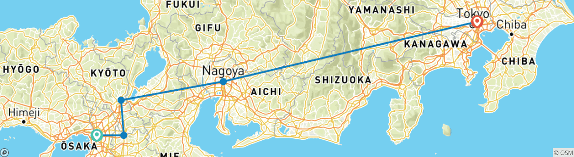 Image of a map showing the route of the tour