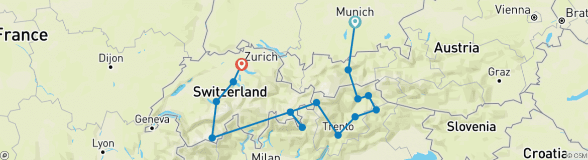 Image of a map showing the route of the tour