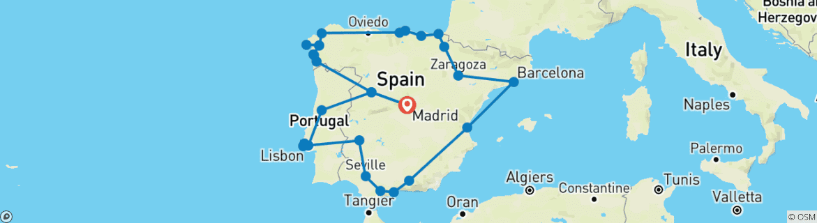 Carte du circuit 23 jours d'Espagne et de Portugal au départ de Madrid