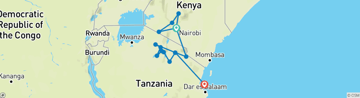 Image of a map showing the route of the tour