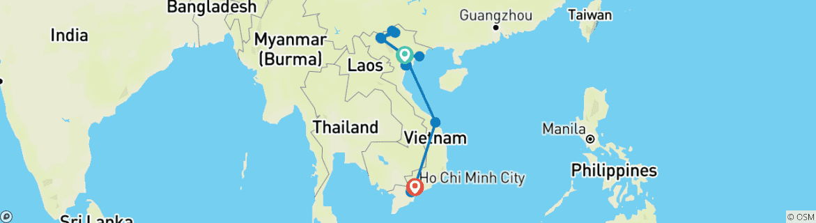 Image of a map showing the route of the tour