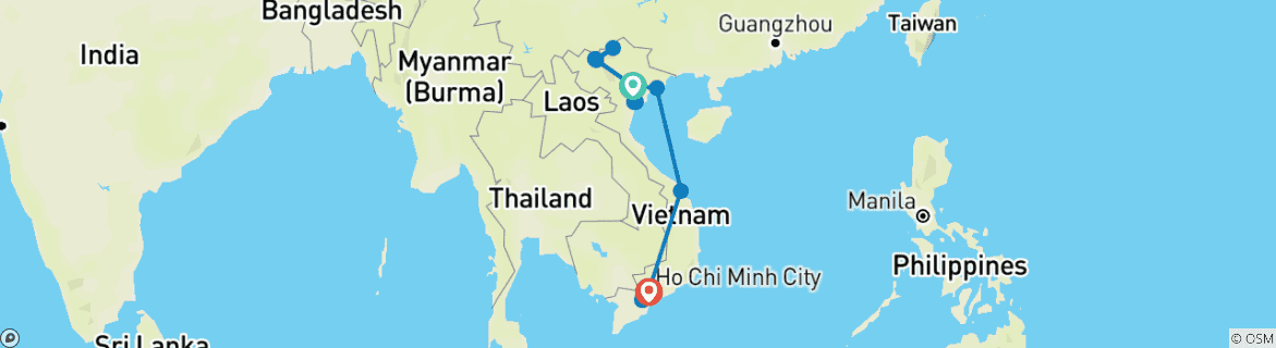 Image of a map showing the route of the tour