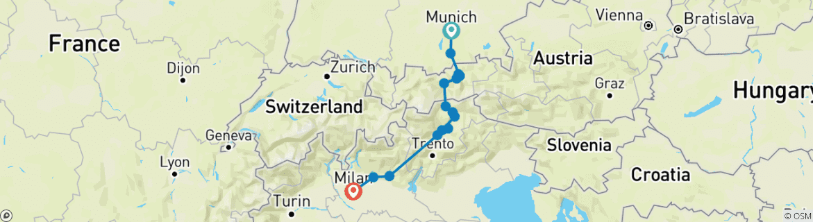 Karte von Von München nach Mailand in 10 Tagen