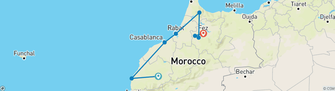 Image of a map showing the route of the tour