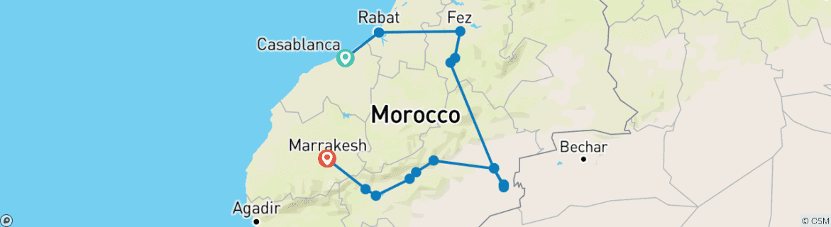 Image of a map showing the route of the tour