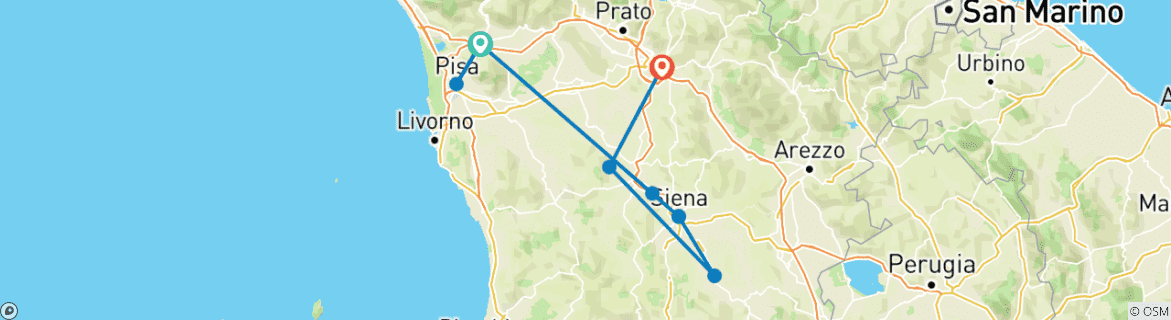 Image of a map showing the route of the tour