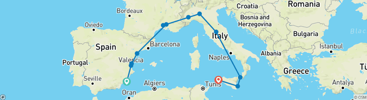 Image of a map showing the route of the tour