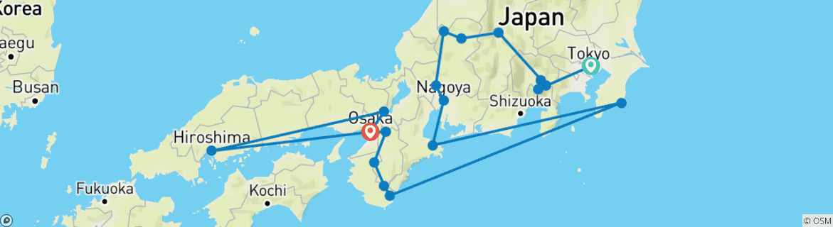 Image of a map showing the route of the tour