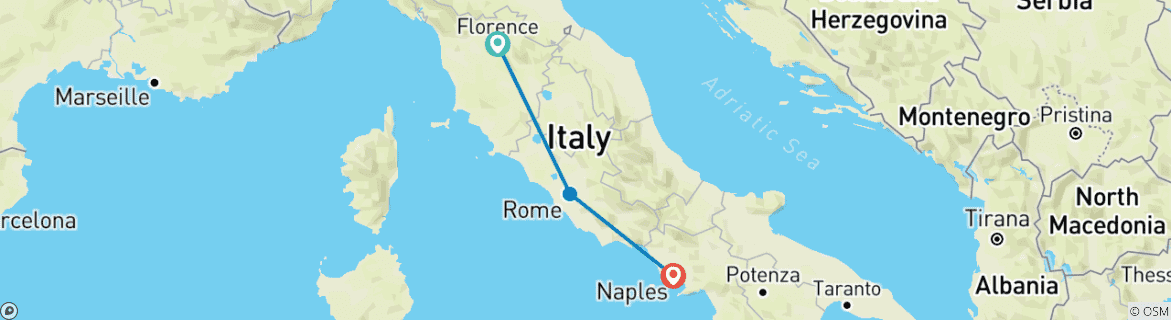 Image of a map showing the route of the tour