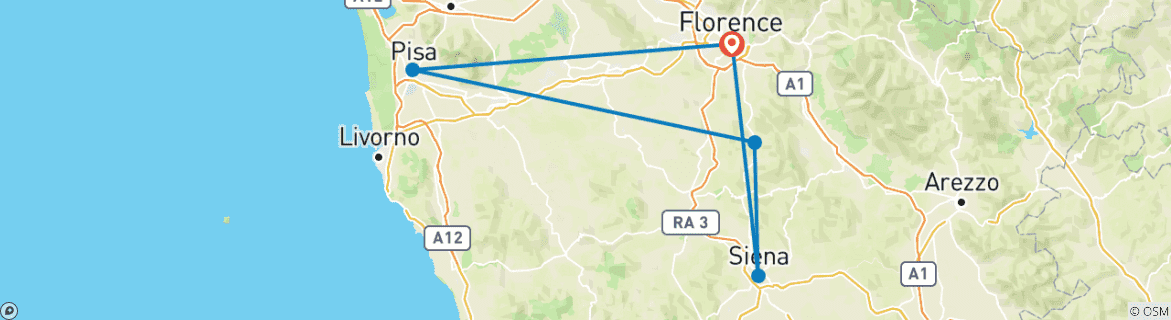 Image of a map showing the route of the tour