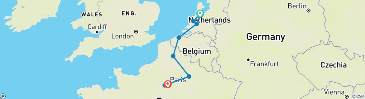 Image of a map showing the route of the tour