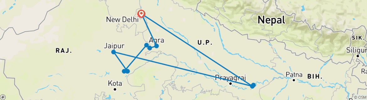 Image of a map showing the route of the tour