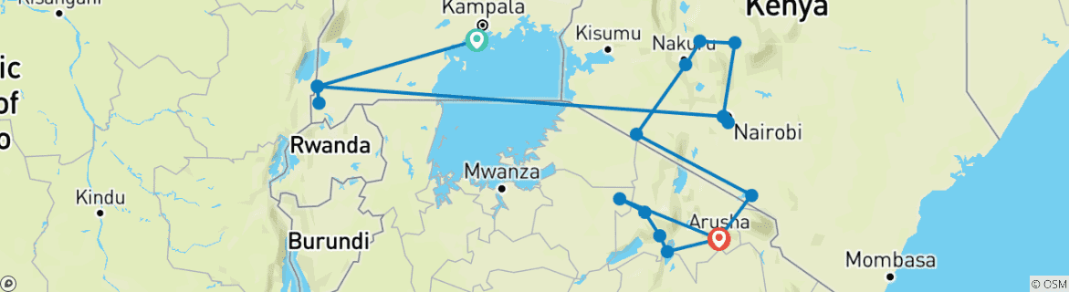 Image of a map showing the route of the tour