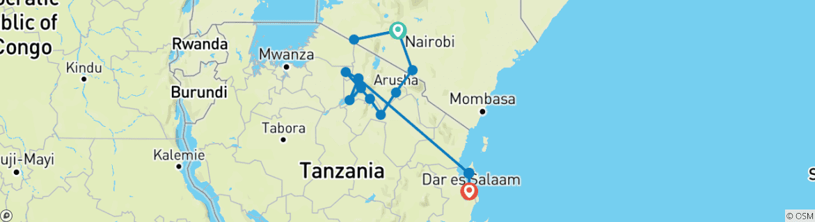 Image of a map showing the route of the tour