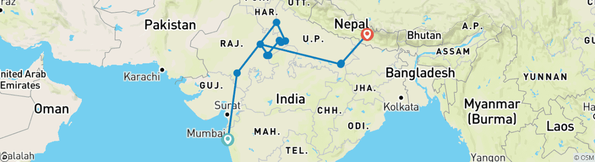Image of a map showing the route of the tour