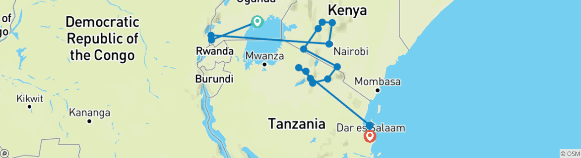 Image of a map showing the route of the tour