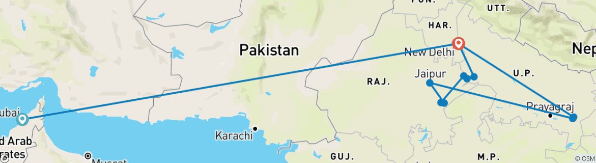 Image of a map showing the route of the tour