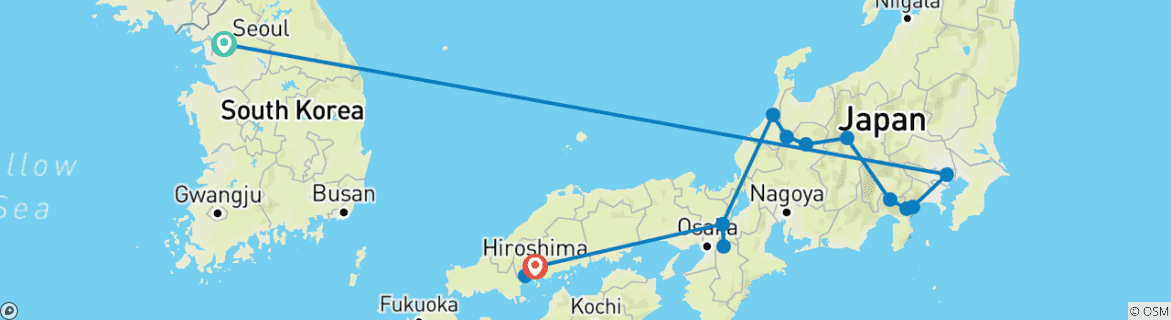 Image of a map showing the route of the tour
