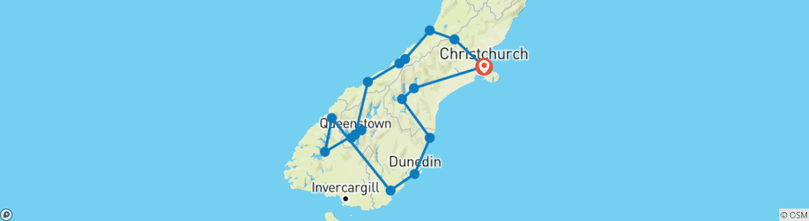 Carte du circuit Découverte de l'île du Sud de la Nouvelle-Zélande (formule supérieure) - 10 jours