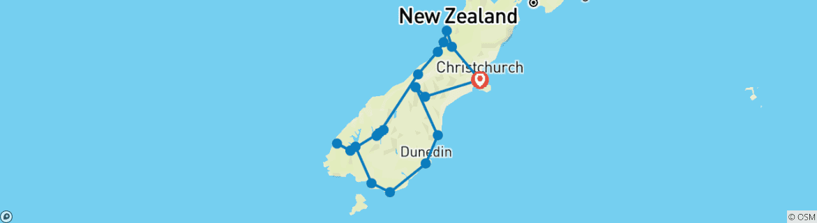 Mapa de Gran recorrido por la Isla Sur (Superior) - 14 días