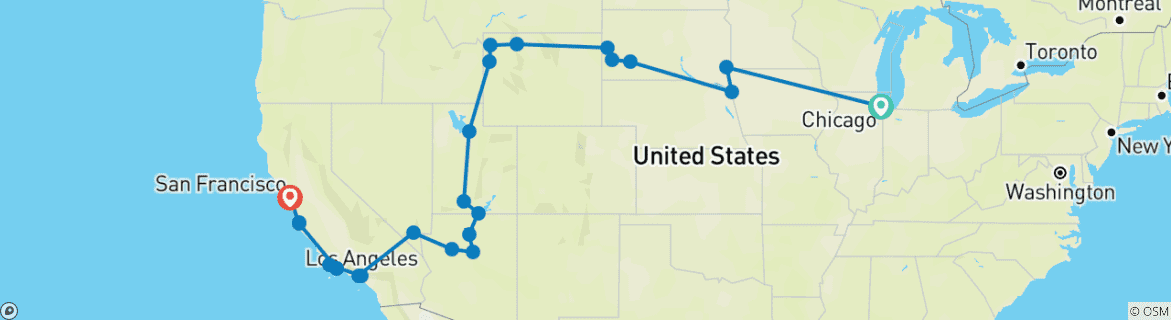 Mapa de Chicago, Yellowstone y Los Ángeles: 14 días