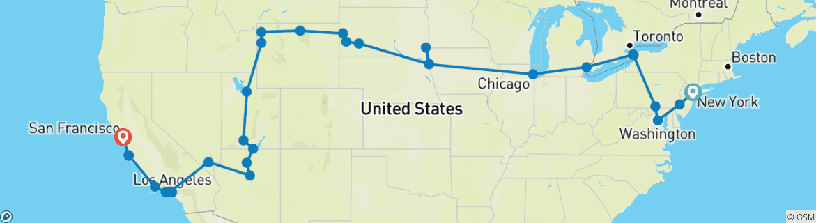 Image of a map showing the route of the tour