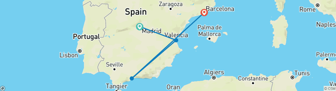 Carte du circuit Grand circuit découverte de l'Espagne – 10 jours : Madrid, Valence, Malaga et Barcelone